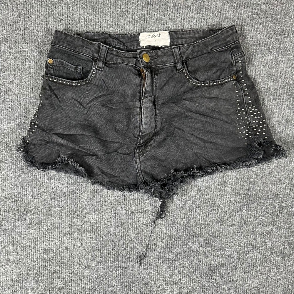 ba&sh Shorts Womens Size 0 Black Studded Denim Raw Hem Frayed Casual Edgy